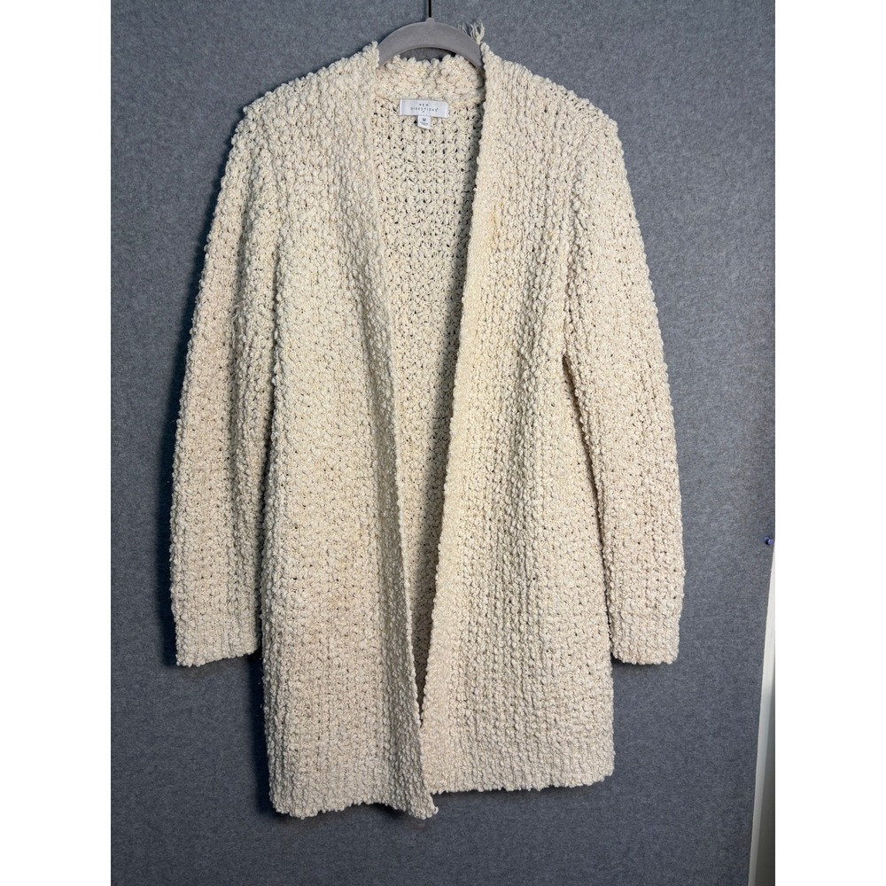New Directions Womens Cream Popcorn Knit Cardigan M Long Open Front Cozy Sweater